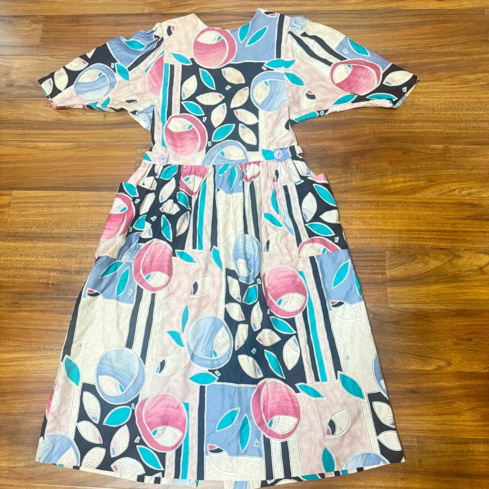 VTG 80s Abstract Floral Cotton Button Back Midi Dress Pink Blue Sz 10 Beautiful